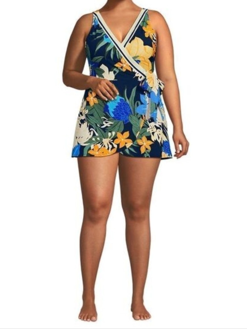 Lands' End Navy Floral Bloom Side-Tie Swim Dress Flattering Wrap Style Suze 18w